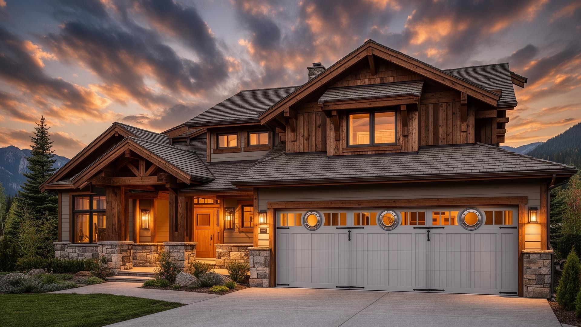 Coastal style garage door with porthole windows on mountain lodge home