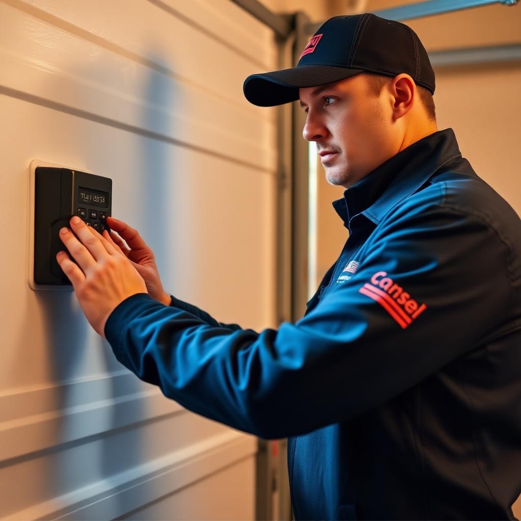 Professional garage door technician programming keypad